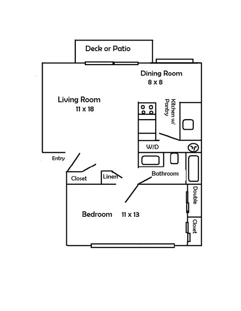 Floor plan for 1 bed, 1 bath, 750 sqft